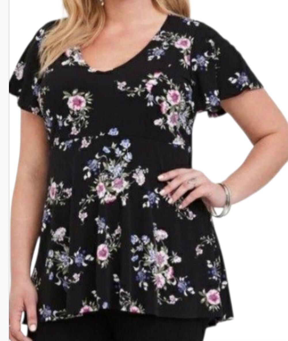 Torrid Womens Black and Pink Botanical Printl V-Neck Short Sleeve Top Size 2